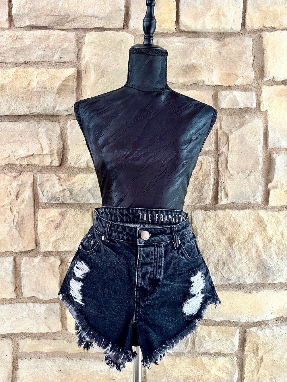 Black Distressed High-Rise Denim Shorts - Women's